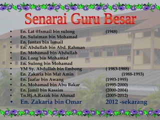 • En. Lat @Ismail bin sulong (1948)
• En. Sulaiman bin Mohamad
• En. Jantan bin Ismail
• En. Abdullah bin Abd. Rahman
• En. Mohamad bin Abdullah
• En. Long bin Mohamad
• En. Sulong bin Mohamad
• YM Sy. Abdullah bin Embong ( 1983-1988)
• En. Zakaria bin Mat Amin (1988-1993)
• En. Jaafar bin Awang (1993-1995)
• En. Mohamad bin Abu Bakar (1995-2000)
• En. Jamil bin Kassim (2000-2004)
• Tn.Hj.A.Razak bin Ahmad (2005-2012)
• En. Zakaria bin Omar 2012 -sekarang
 