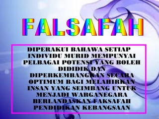 DIPERAKUI BAHAWA SETIAP
INDIVIDU MURID MEMPUNYAI
PELBAGAI POTENSI YANG BOLEH
DIDIDIK DAN
DIPERKEMBANGKAN SECARA
OPTIMUM BAGI MELAHIRKAN
INSAN YANG SEIMBANG UNTUK
MENJADI WARGANEGARA
BERLANDASKAN FAKSAFAH
PENDIDIKAN KEBANGSAAN
 