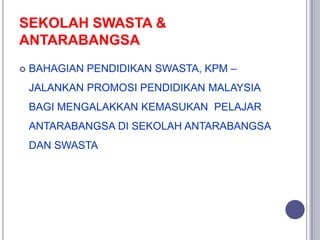 SEKOLAH SWASTA &
ANTARABANGSA
 BAHAGIAN PENDIDIKAN SWASTA, KPM –
JALANKAN PROMOSI PENDIDIKAN MALAYSIA
BAGI MENGALAKKAN KEMASUKAN PELAJAR
ANTARABANGSA DI SEKOLAH ANTARABANGSA
DAN SWASTA
 