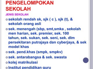 PENGELOMPOKAN
SEKOLAH
JENIS SEKOLAH
 sekolah rendah sk, sjk ( c ), sjk (t), &
sekolah orang asli
 sek. menengah (sbp, sm...