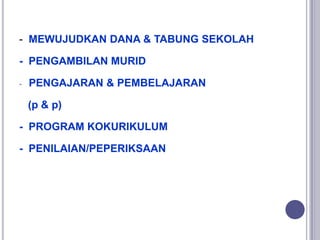 - MEWUJUDKAN DANA & TABUNG SEKOLAH
- PENGAMBILAN MURID
- PENGAJARAN & PEMBELAJARAN
(p & p)
- PROGRAM KOKURIKULUM
- PENILAIAN/PEPERIKSAAN
 