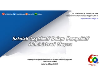 Disampaikan pada Pembahasan Materi Sekolah Legislatif
DPP Partai Golkar
Jakarta, 12 April 2017
Dr. Tri Widodo W. Utomo, SH.,MA
Deputi Inovasi Administrasi Negara LAN-RI
http://inovasi.lan.go.id
PEDULIINOVATIFINTEGRITAS PROFESIONAL
 