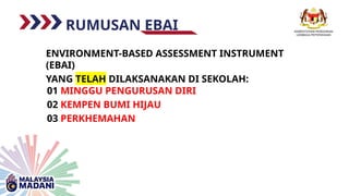 RUMUSAN EBAI
ENVIRONMENT-BASED ASSESSMENT INSTRUMENT
(EBAI)
YANG TELAH DILAKSANAKAN DI SEKOLAH:
01 MINGGU PENGURUSAN DIRI
02 KEMPEN BUMI HIJAU
03 PERKHEMAHAN
 