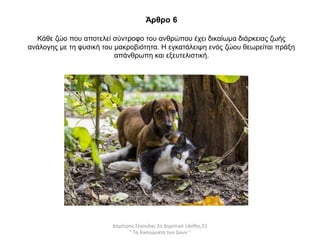 Άρθρο 6
Κάθε ζώο που αποτελεί σύντροφο του ανθρώπου έχει δικαίωμα διάρκειας ζωής
ανάλογης με τη φυσική του μακροβιότητα. Η εγκατάλειψη ενός ζώου θεωρείται πράξη
απάνθρωπη και εξευτελιστική.
Δημήτρης Σέκουλας 2ο Δημοτικό Ξάνθης Ε1
" Τα δικαιώματα των ζώων "
 