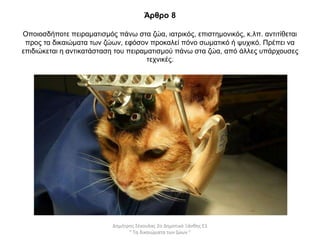 Άρθρο 8
Οποιοσδήποτε πειραματισμός πάνω στα ζώα, ιατρικός, επιστημονικός, κ.λπ. αντιτίθεται
προς τα δικαιώματα των ζώων, εφόσον προκαλεί πόνο σωματικό ή ψυχικό. Πρέπει να
επιδιώκεται η αντικατάσταση του πειραματισμού πάνω στα ζώα, από άλλες υπάρχουσες
τεχνικές.
Δημήτρης Σέκουλας 2ο Δημοτικό Ξάνθης Ε1
" Τα δικαιώματα των ζώων "
 