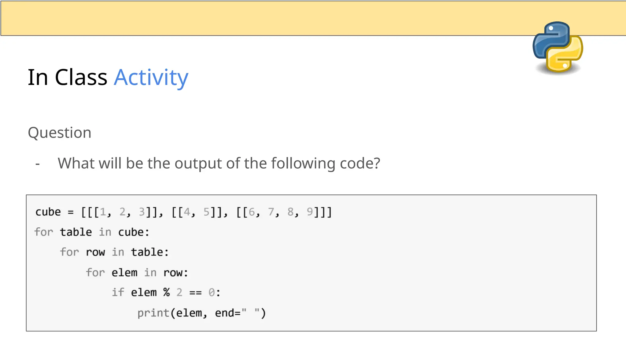 In Class Activity Question - What will be the output of the following code? 