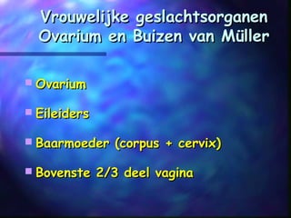Vrouwelijke geslachtsorganenVrouwelijke geslachtsorganen
Ovarium en Buizen van MüllerOvarium en Buizen van Müller
 OvariumOvarium
 EileidersEileiders
 Baarmoeder (corpus + cervix)Baarmoeder (corpus + cervix)
 Bovenste 2/3 deel vaginaBovenste 2/3 deel vagina
 