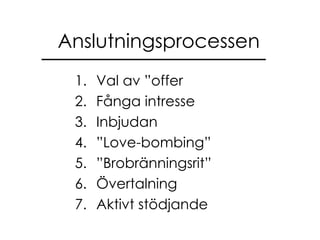 Anslutningsprocessen Val av ”offer Fånga intresse Inbjudan ” Love-bombing” ” Brobränningsrit” Övertalning Aktivt stödjande 