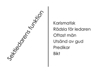 Sektledarens funktion Karismatisk Rädsla för ledaren Oftast män Utsänd av gud Predikar Bikt 