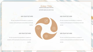 The user can perform the presentation on a projector or
computer, and the powerpoint can be printed out and made
into film.
ADD YOUR TEXT HERE
The user can perform the presentation on a projector or
computer, and the powerpoint can be printed out and made
into film.
ADD YOUR TEXT HERE
The user can perform the presentation on a projector or
computer, and the powerpoint can be printed out and made
into film.
ADD YOUR TEXT HERE
The user can perform the presentation on a projector or
computer, and the powerpoint can be printed out and made
into film.
ADD YOUR TEXT HERE
Enter Title
Click here to add content of the text,
and briefly explain your point of view.
 