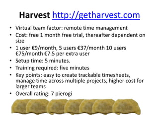 Harvest http://getharvest.com
• Virtual team factor: remote time management
• Cost: free 1 month free trial, thereafter dependent on
size
• 1 user €9/month, 5 users €37/month 10 users
€75/month €7.5 per extra user
• Setup time: 5 minutes.
• Training required: five minutes
• Key points: easy to create trackable timesheets,
manage time across multiple projects, higher cost for
larger teams
• Overall rating: 7 pierogi
 