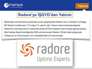 Radore’ye İŞGYO’dan Yatırım 
Yatırım 
Ülkemizde veri barındırma çözümleri sunan girişimlerden Radore.com, İş Girişim ve Do...
