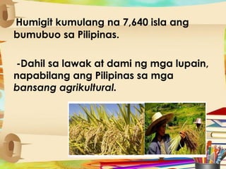 Humigit kumulang na 7,640 isla ang
bumubuo sa Pilipinas.
-Dahil sa lawak at dami ng mga lupain,
napabilang ang Pilipinas sa mga
bansang agrikultural.
 
