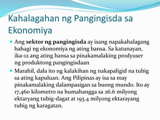 Kahalagahan ng Pangingisda sa
Ekonomiya
 Ang sektor ng pangingisda ay isang napakahalagang
bahagi ng ekonomiya ng ating bansa. Sa katunayan,
ika-12 ang ating bansa sa pinakamalaking prodyuser
ng produktong pangingisdaan
 Marahil, dala ito ng kalakihan ng nakapaligid na tubig
sa ating kapuluan. Ang Pilipinas ay isa sa may
pinakamalaking dalampasigan sa buong mundo. Ito ay
17,460 kilometro na humahangga sa 26.6 milyong
ektaryang tubig-dagat at 193.4 milyong ektarayang
tubig ng karagatan.
 