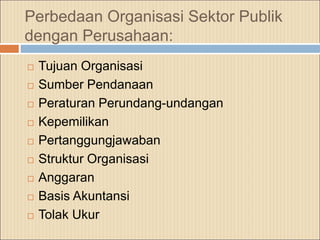 Perbedaan Organisasi Sektor Publik
dengan Perusahaan:
 Tujuan Organisasi
 Sumber Pendanaan
 Peraturan Perundang-undangan
 Kepemilikan
 Pertanggungjawaban
 Struktur Organisasi
 Anggaran
 Basis Akuntansi
 Tolak Ukur
 