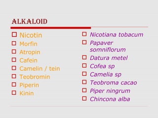 ALKALOID
 Nicotin             Nicotiana tobacum
   Morfin            Papaver
   Atropin            somniflorum
                      Datura metel
   Cafein
                      Cofea sp
   Camelin / tein
                      Camelia sp
   Teobromin
                      Teobroma cacao
   Piperin
                      Piper ningrum
   Kinin
                      Chincona alba
 