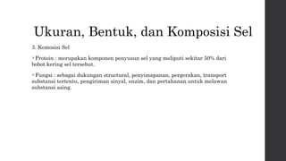 Ukuran, Bentuk, dan Komposisi Sel 
3. Komosisi Sel 
Protein : merupakan komponen penyusun sel yang meliputi sekitar 50% dari 
bobot kering sel tersebut. 
Fungsi : sebagai dukungan structural, penyimapanan, pergerakan, transport 
substansi tertentu, pengiriman sinyal, enzim, dan pertahanan untuk melawan 
substansi asing. 
 