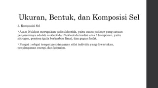 Ukuran, Bentuk, dan Komposisi Sel 
3. Komposisi Sel 
Asam Nukleat merupakan polinukleotida, yaitu suatu polimer yang satuan 
penyusunnya adalah nukleotida. Nukleotida terdiri atas 3 komponen, yaitu 
nitrogen, pentosa (gula berkarbon lima), dan gugus fosfat. 
Fungsi : sebgai tempat penyimpanan sifat individu yang diwariskan, 
penyimpanan energi, dan koenzim. 
 