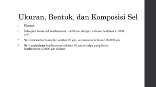Ukuran, Bentuk, dan Komposisi Sel 
1. Ukuran 
 Sebagian besar sel berdiameter 1-100 μm, dengan volume berkisar 1-1000 
μm³. 
 Sel hewan berdiameter sekitar 20 μm, sel amoeba berkisar 90-800 μm. 
 Sel tumbuhan berdiameter sekitar 40 μm,sel alga yang besar 
berdiameter 50.000 μm (50mm) 
 