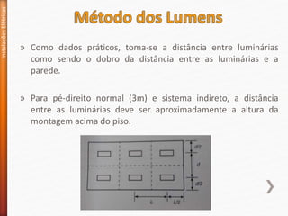 » Como dados práticos, toma-se a distância entre luminárias
como sendo o dobro da distância entre as luminárias e a
parede.
» Para pé-direito normal (3m) e sistema indireto, a distância
entre as luminárias deve ser aproximadamente a altura da
montagem acima do piso.
Instalações
Elétricas
 