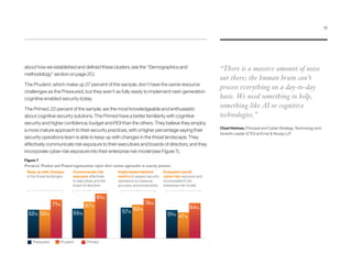 about how we established and defined these clusters, see the “Demographics and
methodology” section on page 20.)
The Prudent, which make up 27 percent of the sample, don’t have the same resource
challenges as the Pressured, but they aren’t as fully ready to implement next-generation
cognitive enabled security today.
The Primed, 22 percent of the sample, are the most knowledgeable and enthusiastic
about cognitive security solutions. The Primed have a better familiarity with cognitive
security and higher confidence, budget and ROI than the others. They believe they employ
a more mature approach to their security practices, with a higher percentage saying their
security operations team is able to keep up with changes in the threat landscape. They
effectively communicate risk exposure to their executives and boards of directors, and they
incorporate cyber-risk exposure into their enterprise risk model (see Figure 7).
Figure 7
Pressured, Prudent and Primed organizations report their various approaches to security practices
Keep up with changes
in the threat landscape
Communicate risk
exposure effectively
to executives and the
board of directors
Implemented deﬁned
metrics to assess security
operations to measure
accuracy and productivity
Evaluated overall
cyber-risk exposure and
incorporated it into
enterprise risk model
71%
52%52%
81%
67%
55%
74%
62%
57%
64%
47%
51%
Pressured Prudent Primed
“There is a massive amount of noise
out there; the human brain can’t
process everything on a day-to-day
basis. We need something to help,
something like AI or cognitive
technologies.”
Chad Holmes, Principal and Cyber-Strategy, Technology and
Growth Leader (CTO) at Ernst  Young LLP
15
 