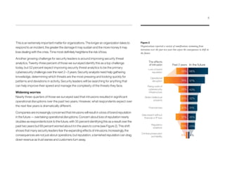 This is an extremely important matter for organizations. The longer an organization takes to
respond to an incident, the greater the damage it may sustain and the more money it may
lose dealing with the crisis. Time most definitely heightens the risk of loss.
Another growing challenge for security leaders is around improving security threat
analytics. Twenty-three percent of those we surveyed identify this as a top challenge
today, but 52 percent expect improving security threat analytics to be the primary
cybersecurity challenge over the next 2 – 3 years. Security analysts need help gathering
knowledge, determining which threats are the most pressing and looking quickly for
patterns and deviations in activity. Security leaders will be searching for anything that
can help improve their speed and manage the complexity of the threats they face.
Widening worries
Nearly three-quarters of those we surveyed said that intrusions resulted in significant
operational disruptions over the past two years. However, what respondents expect over
the next few years is dramatically different.
Companies are increasingly concerned that intrusions will result in a loss of brand reputation
in the future — overtaking operational disruptions. Concern about loss of reputation nearly
doubles as respondents look to the future, with 35 percent identifying this as a result over the
past two years but 68 percent worried about it in the years to come (see Figure 2). This shift
shows that many security leaders fear the expanding effects of intrusions. Increasingly, the
consequences are not just about operations, but reputation; a tarnished reputation can drag
down revenue as trust wanes and customers turn away.
Figure 2
Organizations reported a variety of ramifications stemming from
intrusions over the past two years but expect the consequences to shift in
the future
The effects
of intrusion
Loss of brand
reputation
Rising costs of
cybersecurity
infrastructure
Stolen intellectual
property
Financial loss
Data breach without
ﬁnancial or IP loss
Regulatory
violations
Criminal prosecution
and liability
68%35%
57%74%
43%25%
32%20%
31%20%
26%37%
23%20%
4%5%
Past 2 years In the future
Operational
disruption
5
 