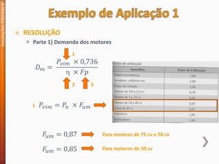 » RESOLUÇÃO
˃ Parte 1) Demanda dos motores
Instalações
Elétricas
II
𝐷𝑚 =
𝑃𝑒𝑖𝑚 × 0,736
 × 𝐹𝑝
𝑃𝑒𝑖𝑚 = 𝑃𝑛 × 𝐹𝑢𝑚
1
2
1
𝐹𝑢𝑚 = 0,87
𝐹𝑢𝑚 = 0,85
Para motores de 75 cv e 50 cv
Para motores de 30 cv
3
 