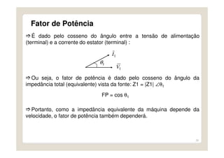 26
Fator de Potência
É dado pelo cosseno do ângulo entre a tensão de alimentação
(terminal) e a corrente do estator (terminal) :
1I
1V
1θ
Ou seja, o fator de potência é dado pelo cosseno do ângulo da
impedância total (equivalente) vista da fonte: Z1 = |Z1| ∠θ1
FP = cos θ1
Portanto, como a impedância equivalente da máquina depende da
velocidade, o fator de potência também dependerá.
 