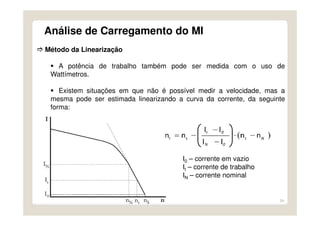 34
Análise de Carregamento do MI
Método da Linearização
A potência de trabalho também pode ser medida com o uso de
Wattímetros.
Existem situações em que não é possível medir a velocidade, mas a
mesma pode ser estimada linearizando a curva da corrente, da seguinte
forma:
I0 – corrente em vazio
It – corrente de trabalho
IN – corrente nominal
 