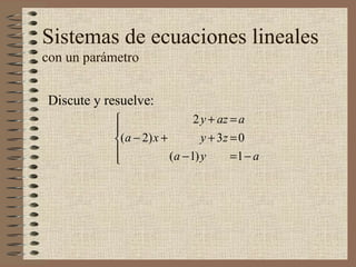 Sistemas de ecuaciones lineales
con un parámetro
Discute y resuelve:
a
a
z
az
ya
y
y
xa
−=
=
=
+
+
−




+−
1
03
)1(
2
)2(
 