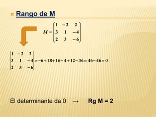    Rango de M
                     1  2 2 
                             
                 M   3 1  4
                      2 3  6
                             

1 2    2
3   1    4  6  18  16  4  12  36  46  46  0
2   3   6




El determinante da 0             →        Rg M = 2
 