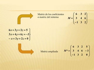 Matriz de los coeficientes        6 3 2
                        o matriz del sistema                     
                                                     M   3 4 6
                                                           1 3 2
                                                                 

6 x  3 y  2z  5 
                    
3 x  4 y  6 z  3
 x  3 y  2z  0 

                                                       6 3 2 5 
                                                                
                          Matriz ampliada        M*   3 4 6  3
                                                      1 3 2 0 
                                                                
 