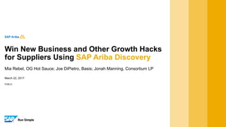 PUBLIC
March 22, 2017
Mia Rebel, OG Hot Sauce; Joe DiPietro, Basis; Jonah Manning, Consortium LP
Win New Business and Other Growth Hacks
for Suppliers Using SAP Ariba Discovery
 