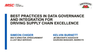 BEST PRACTICES IN DATA GOVERNANCE
AND INTEGRATION FOR
DRIVING SUPPLY CHAIN EXCELLENCE
SIMEON CHIGER
MSC’S DIRECTOR, EPROCUREMENT
& LAST MILE SERVICES
KELVIN BURNETT
JM SMUCKER’S ASSOCIATE
SOURCING MANAGER, INDIRECTS
 