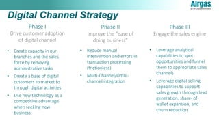 Digital Channel Strategy
Phase I
Drive customer adoption
of digital channel
• Create capacity in our
branches and the sales
force by removing
administrative tasks
• Create a base of digital
customers to market to
through digital activities
• Use new technology as a
competitive advantage
when seeking new
business
Phase II
Improve the “ease of
doing business”
• Reduce manual
intervention and errors in
transaction processing
(frictionless)
• Multi-Channel/Omni-
channel integration
Phase III
Engage the sales engine
• Leverage analytical
capabilities to spot
opportunities and funnel
them to appropriate sales
channels
• Leverage digital selling
capabilities to support
sales growth through lead
generation, share- of-
wallet expansion, and
churn reduction
 