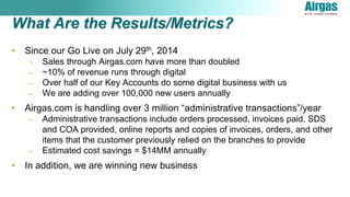 What Are the Results/Metrics?
• Since our Go Live on July 29th, 2014
– Sales through Airgas.com have more than doubled
– ~10% of revenue runs through digital
– Over half of our Key Accounts do some digital business with us
– We are adding over 100,000 new users annually
• Airgas.com is handling over 3 million “administrative transactions”/year
– Administrative transactions include orders processed, invoices paid, SDS
and COA provided, online reports and copies of invoices, orders, and other
items that the customer previously relied on the branches to provide
– Estimated cost savings = $14MM annually
• In addition, we are winning new business
 