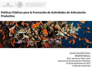 Polí%cas	
  Públicas	
  para	
  la	
  Promoción	
  de	
  Ac%vidades	
  de	
  Ar%culación	
  
Produc%va	
  
	
  
Carlos	
  Gramillo	
  Flores	
  
INADEM-­‐México	
  
SELA.	
  Seminario-­‐Taller	
  sobre	
  	
  
Experiencias	
  de	
  Ar7culación	
  Produc7va	
  	
  
19-­‐20	
  de	
  Sep7embre	
  de	
  2013	
  
Ciudad	
  de	
  Guatemala	
  
 