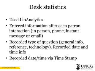 Desk statistics
• Used LibAnalytics
• Entered information after each patron
interaction (in person, phone, instant
message or email)
• Recorded type of question (general info,
reference, technology). Recorded date and
time info
• Recorded date/time via Time Stamp

 