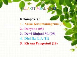 SEL AKI TIMBAL ASAM 
Kelompok 3 : 
1. Anisa Kusumaningrum (03) 
2. Daryono (08) 
3. Dewi Rinjani M. (09) 
4. Dini Ika L.A (11) 
5. Kirana Pangestuti (18) 
 