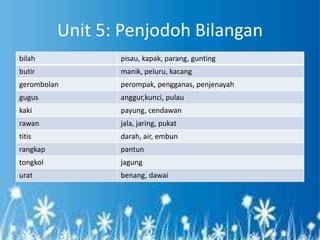 Unit 5: Penjodoh Bilangan
bilah            pisau, kapak, parang, gunting
butir            manik, peluru, kacang
gerombolan       perompak, pengganas, penjenayah
gugus            anggur,kunci, pulau
kaki             payung, cendawan
rawan            jala, jaring, pukat
titis            darah, air, embun
rangkap          pantun
tongkol          jagung
urat             benang, dawai
 