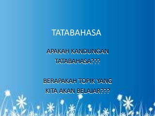 TATABAHASA
 APAKAH KANDUNGAN
   TATABAHASA???

BERAPAKAH TOPIK YANG
 KITA AKAN BELAJAR???
 