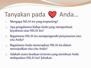 TanyakanpadaAnda…Mengapa NILAI itu yang terpenting?ApapengalamanhidupAnda yang memperkuatkeyakinanatas NILAI itu?Bagaimana NILAI itumempengaruhipenyusunancita-citaAnda?BagaimanaAndamenerapkan NILAI itudalammewujudkancita-citaAnda?Adakahsuatukeadaantertentu yang membuatAndamelepaskan NILAI itu? Jelaskan.