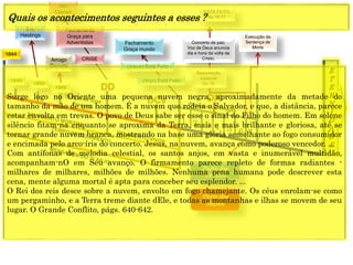 E
T
E
R
N
I
D
A
D
E
Concerto de paz;
Voz de Deus anuncia
dia e hora da volta de
Cristo.
1844
1849
1850
1888
Resurreição
especial
Dn 12
Execução da
Sentença de
Morte
1 2 3 4 5 6 7
CRISE
Fechamento
Graça para
Adventistas
Alto
Clamor
Fechamento
Graça mundo
ESTÁ FEITO
Ap 16:17
Sra.
Hastings
Arrogo
Decreto
(Anjo) Está Feito
(Jesus) Está Feito
Parte dos
144.000
Parte dos
ímpios
Quais os acontecimentos seguintes a esses ?
Surge logo no Oriente uma pequena nuvem negra, aproximadamente da metade do
tamanho da mão de um homem. É a nuvem que rodeia o Salvador, e que, a distância, parece
estar envolta em trevas. O povo de Deus sabe ser esse o sinal do Filho do homem. Em solene
silêncio fitam-na enquanto se aproxima da Terra, mais e mais brilhante e gloriosa, até se
tornar grande nuvem branca, mostrando na base uma glória semelhante ao fogo consumidor
e encimada pelo arco-íris do concerto. Jesus, na nuvem, avança como poderoso vencedor. ...
Com antífonas de melodia celestial, os santos anjos, em vasta e inumerável multidão,
acompanham-nO em Seu avanço. O firmamento parece repleto de formas radiantes -
milhares de milhares, milhões de milhões. Nenhuma pena humana pode descrever esta
cena, mente alguma mortal é apta para conceber seu esplendor. ...
O Rei dos reis desce sobre a nuvem, envolto em fogo chamejante. Os céus enrolam-se como
um pergaminho, e a Terra treme diante dEle, e todas as montanhas e ilhas se movem de seu
lugar. O Grande Conflito, págs. 640-642.
 