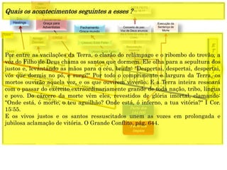 E
T
E
R
N
I
D
A
D
E
Concerto de paz;
Voz de Deus anuncia
dia e hora da volta de
Cristo.
1844
1849
1850
1888
Resurreição
especial
Dn 12
Execução da
Sentença de
Morte
1 2 3 4 5 6 7
CRISE
Fechamento
Graça para
Adventistas
Alto
Clamor
Fechamento
Graça mundo
ESTÁ FEITO
Ap 16:17
Sra.
Hastings
Arrogo
Decreto
(Anjo) Está Feito
(Jesus) Está Feito
Parte dos
144.000
Parte dos
ímpios
Quais os acontecimentos seguintes a esses ?
Por entre as vacilações da Terra, o clarão do relâmpago e o ribombo do trovão, a
voz do Filho de Deus chama os santos que dormem. Ele olha para a sepultura dos
justos e, levantando as mãos para o céu, brada: "Despertai, despertai, despertai,
vós que dormis no pó, e surgi!" Por todo o comprimento e largura da Terra, os
mortos ouvirão aquela voz, e os que ouvirem viverão. E a Terra inteira ressoará
com o passar do exército extraordinariamente grande de toda nação, tribo, língua
e povo. Do cárcere da morte vêm eles, revestidos de glória imortal, clamando:
"Onde está, ó morte, o teu aguilhão? Onde está, ó inferno, a tua vitória?" I Cor.
15:55.
E os vivos justos e os santos ressuscitados unem as vozes em prolongada e
jubilosa aclamação de vitória. O Grande Conflito, pág. 644.
 
