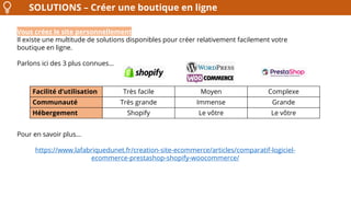 SOLUTIONS – Créer une boutique en ligne
Vous créez le site personnellement
Il existe une multitude de solutions disponibles pour créer relativement facilement votre
boutique en ligne.
Parlons ici des 3 plus connues…
Pour en savoir plus…
https://www.lafabriquedunet.fr/creation-site-ecommerce/articles/comparatif-logiciel-
ecommerce-prestashop-shopify-woocommerce/
Facilité d’utilisation Très facile Moyen Complexe
Communauté Très grande Immense Grande
Hébergement Shopify Le vôtre Le vôtre
 