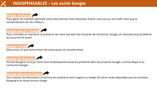 INDISPENSABLES – Les outils Google
Google Analytics
Pour gérer de manière optimale votre site internet il est important d'avoir une vue sur son trafic ainsi que le
comportement de ses visiteurs.
Google Search Console
Pour contrôler et maintenir la présence de votre site dans les résultats de recherche Google, et résoudre tout problème
qui pourrait se poser.
Google Trends
Découvrez ce que recherchent les internautes du monde entier.
Google My Business
Permet de gérer la façon dont votre établissement local est présenté dans les produits Google, comme Maps et la
recherche Google.
Google Merchant Center
Pour importer vos informations concernant vos produits et votre magasin sur Google afin de les rendre disponibles pour les annonces
Shopping et les autres services Google
 