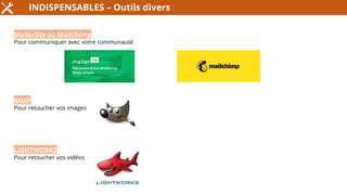 INDISPENSABLES – Outils divers
Mailerlite ou Mailchimp
Pour communiquer avec votre communauté
GIMP
Pour retoucher vos images
LIGHTWORKS
Pour retoucher vos vidéos
 