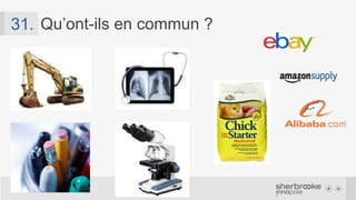 Quelques places de marché B2C32.
Alternative #1 à Ebay et
Amazon
De tout, en mieux!
(même des objets de magie
noire!)
Frais élevés, 7 % min
incluant les frais de
paiement
http://www.ecommercebytes.com/cab/tools/calcs/
Tous publics
SEO Optimisé
SEM plateforme
Version B2C de Alibaba
!! CHINA ONLY !!(pour le moment)
« Tout ce que la Chine produit, livré par la
poste à l’unité »
Allez voir !
 