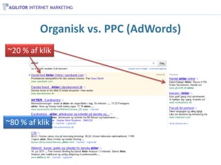 Organisk vs. PPC (AdWords)
~20 % af klik




~80 % af klik
 