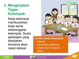 3. Mengerjakan
Tugas
Kelompok:
Kerja kelompok
membutuhkan
kerja sama
antaranggota
kelompok. Suatu
pekerjaan yang
dikerjakan
bersama akan
cepat selesai.
Contoh kerja kelompok:
• diskusi;
• membuat prakarya;
• presentasi di depan
kelas.
 